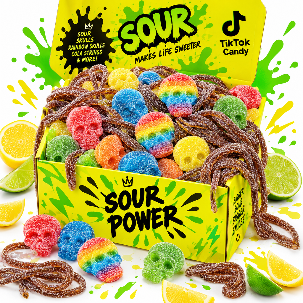 Sour Attack Box – colorful sour skull gummies and sour candy spilling from a gift box